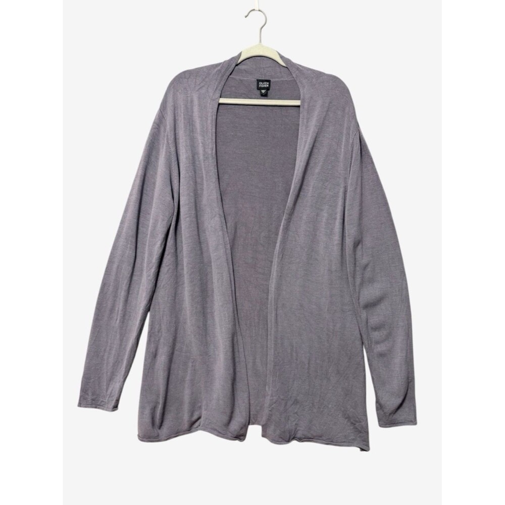Eileen Fisher Open Front Silk Blend Cardigan Sweater Medium Purple Lightweight